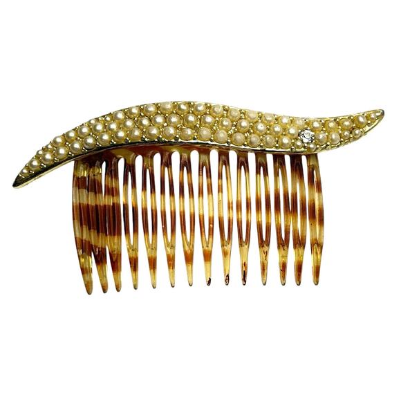 Vintage Pearl & Rhinestone Lucite Hair Comb 1940s Bridal Retro Glam - Picture 1 of 3